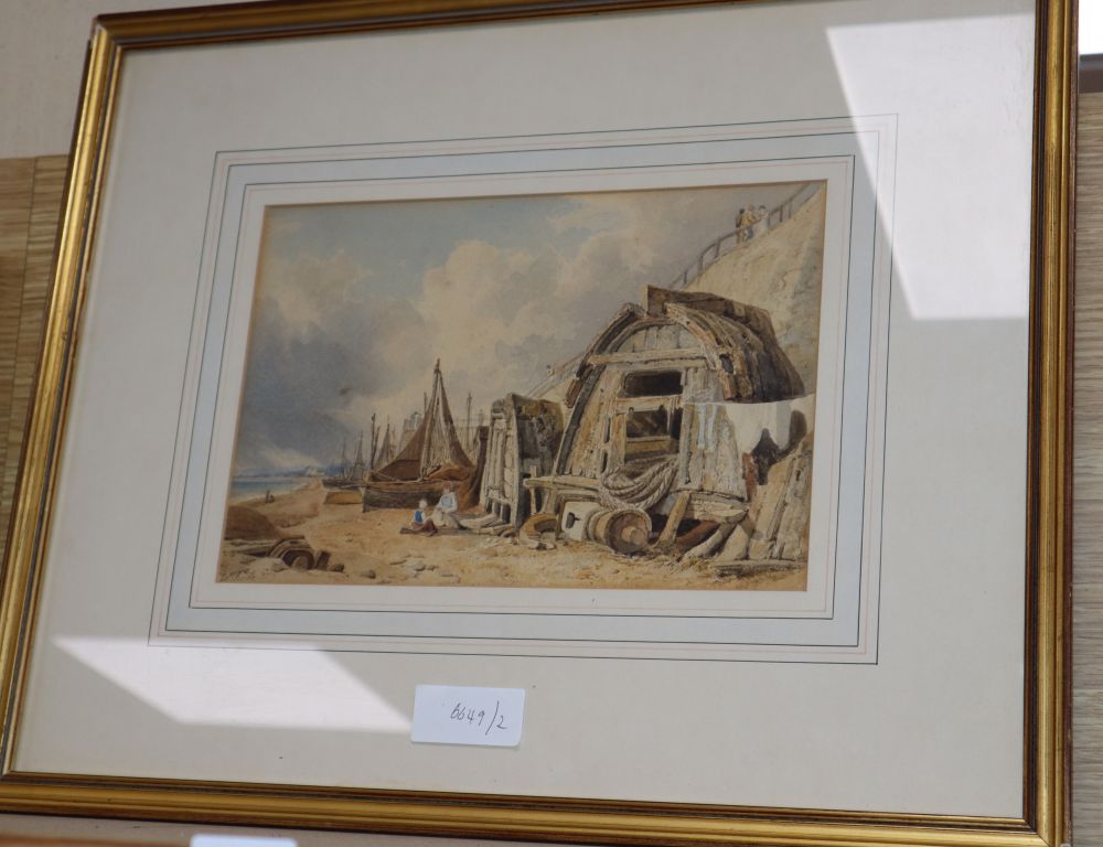 William Henry Stothard Scott (1783-1850), watercolour, Coastal scene with fishermens huts and fishing boats, signed 19 x 27cm